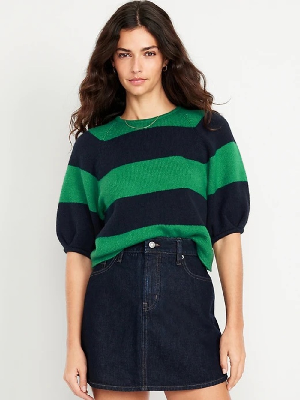 Old Navy Green and Navy Blue Striped Crewneck Cropped Sweater